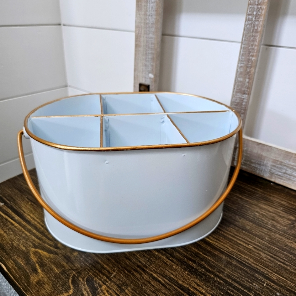 White Gold Metal Utensil Caddy Farmhouse Countertop or Desk Organizer - Picture 4 of 12